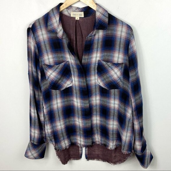 Anthropologie Cloth Stone Split Back Plaid Shirt Size Medium Flannel Bohemian‎ M - Picture 12 of 13